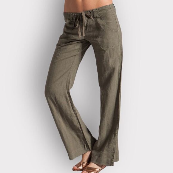 Sanctuary Green Cargo Linen Flowy Straight Bootcut Coastal Trouser Pants - Picture 1 of 12